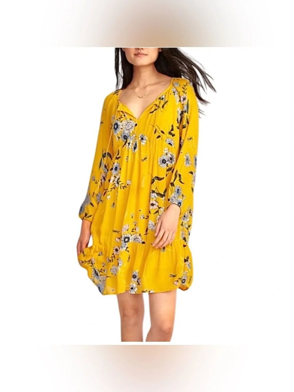 Old Navy Long Sleeve Empire Boho Yellow Floral Dress NWT Large Tall Tiered
